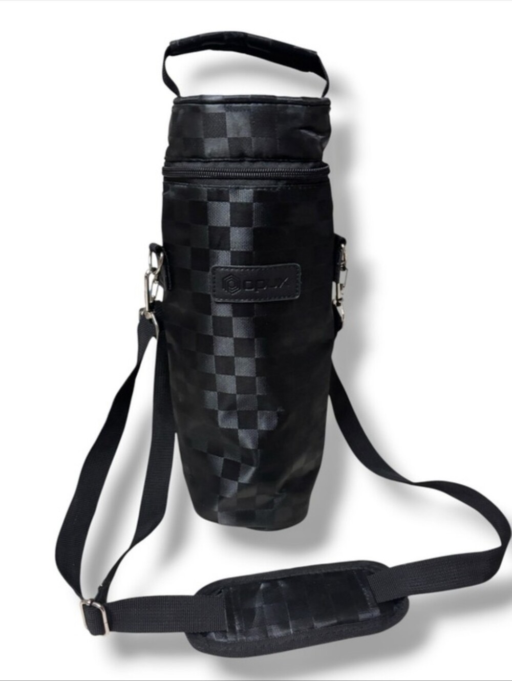 OPUX Checkered Black Insulated Wine Bottle Carrier Bag Adjustable Strap